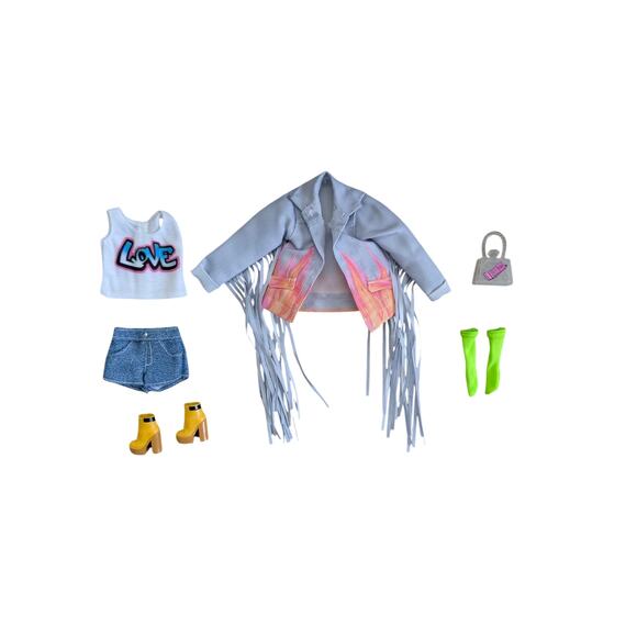 Barbie Extra Doll #5 Fringe Denim Outfit Jacket Top and Boots No Doll GRN29 - Picture 1 of 2